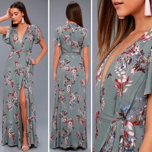 Lulus Fiorire Slate Blue Floral Print Wrap Maxi Dress 20577